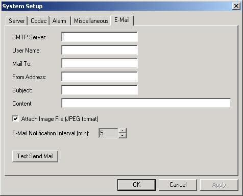 F. System Setup E-mail SMTP Server Enter E-mail address for sending E-mail after motion detection triggered. User Name Enter your user name. Mail to Enter receiving E-mail address for receiving.