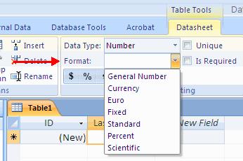 Click the down arrow next to Format To edit the Data Type in the Design View: Click Design View Click the field name you wish to