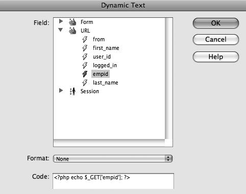 786 Building Pages to Delete a Record Figure 4-13: The Dynamic Text dialog box. 14. Select the empid URL Parameter in the list, and then click OK.