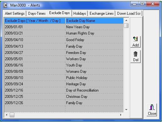 Exclude Days The exclude days are the public holidays when you would not want alerts to be sent out.