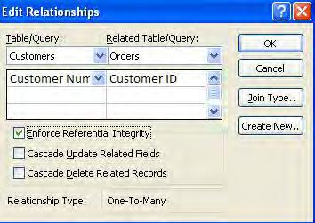To set referential integrity for the relationship between tables, first click the Design tab below the Relationship Tools tab. Open the Relationships window by clicking on the Relationships button.
