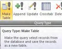 The new table is created according to your query requirements. CREATING AN UPDATE QUERY An update query is used to change data values in an existing table.