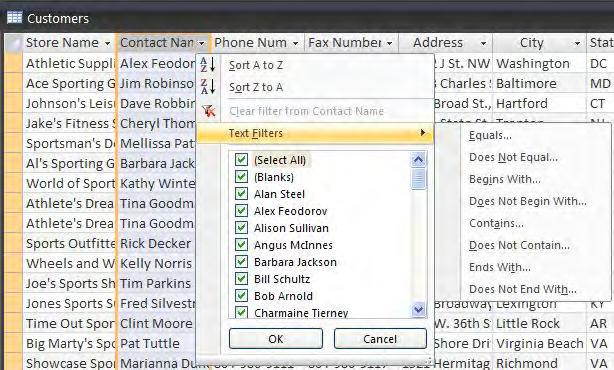 THE FILTER MENU Clicking the list arrow at the head of any column displays a menu. You can also open this menu by clicking on the Filter funnel in the Sort & Filter group.