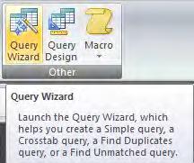 To create a query with the Query Wizard, first click the Create tab. Click the Query Wizard button in the Other group.