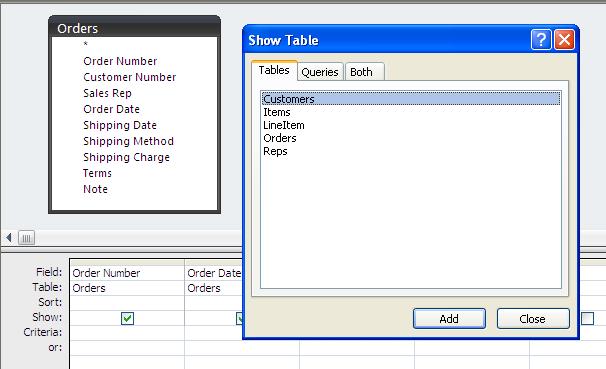 Click the Show Table button in the Query Setup group. Click the table name you want to add and click the Add button. OR Double-click the table name you want to add. Click the Close button.