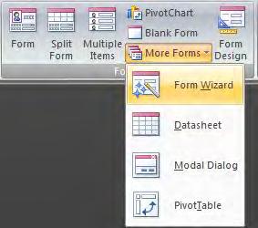 To create a form using the Form Wizard, first click the Create tab. In the Forms group, click the More Forms button.