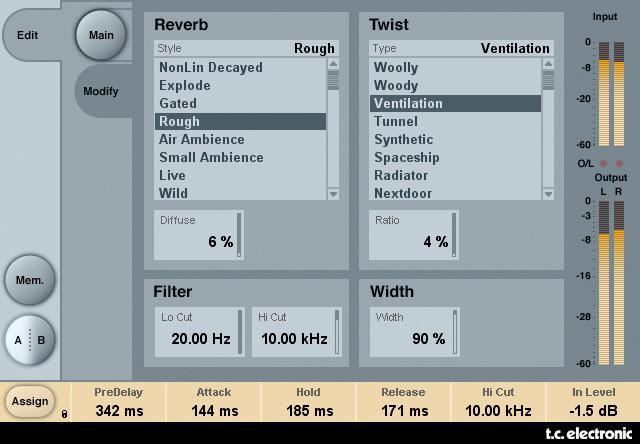 MODIFY PAGE REVERB STYLE Style Selects the basic Reverb Style subjected to the Envelope and Twist modifications. The Style parameter should be seen as an algorithm selection inside the algorithm.