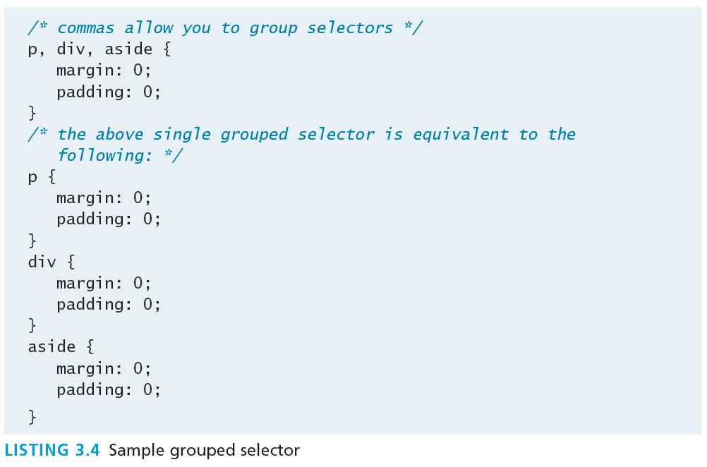 Grouped Selectors Selecting multiple things You can select a group of elements by separating the different element names with commas.