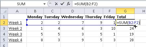 Replace cell references for range 1. In G2, replace =SUM(B2+C2+D2+E2+F2) with the same function using a range. 2. Type =SUM(B2:F2) you can use your mouse to click and select the range or type it. 3.