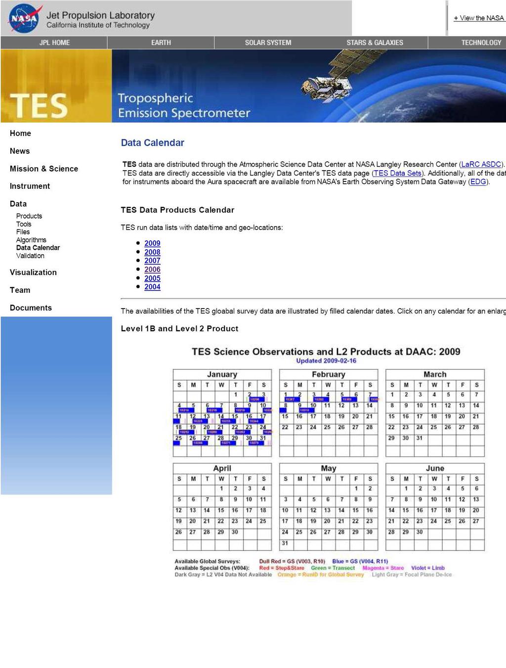 http://tes.jpl.nasa.gov/data/datacalendar/ Click on 2006, and see one nadir option: 3329 Global Survey - 16 orbits 2006-02-13T09:55:26 2006-02- 14T12:15:25 3. Quick look plots Go to http://tes.jpl.nasa.gov/visualization/science_plots/tes_l3_daily.