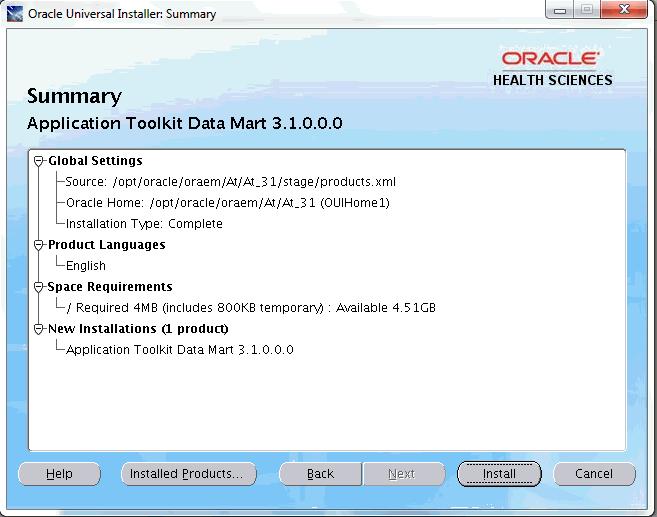 Figure 3 13 Summary 12. Click Install to continue. The Application Toolkit data mart installation starts and the Install screen is displayed.