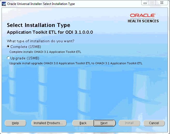 a. Select Application Toolkit ETL for ODI 3.1.0.0. b. Click Next. 3. In the Select Installation Type screen: Figure 3 18 Select Installation Type 4.