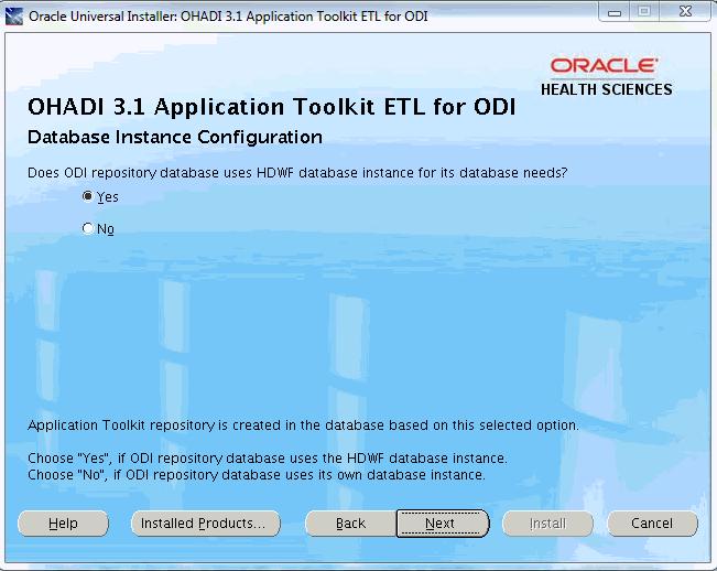 Figure 3 25 Database Instance Configuration a. Select Yes if HDWF database instance is used to install Application Toolkit ODI repository database and go to step 12. b.