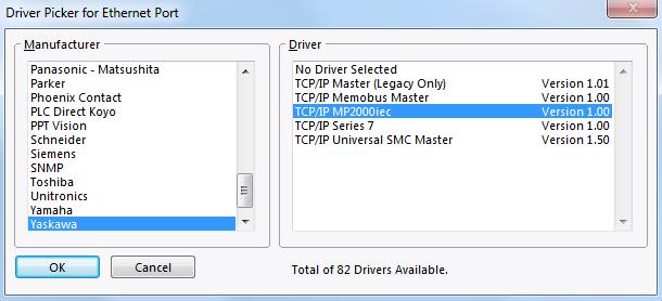 Figure 4: Selecting a Yaskawa driver Select Yaskawa TCP/IP MP2000iec driver.