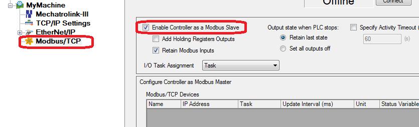 Figure 7b: Enabling the MPiec controller as a Modbus TCP slave (server) V. The MotionWorks IEC Global Variables worksheet will now include Modbus TCP groups which must be populated by the user.