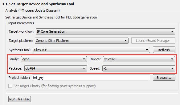 Exercise 4B: Creating IP in MathWorks HDL Coder (i) (j) In the left-hand panel, expand Set Target and select 1.1. Set Target Device and Synthesis Tool.