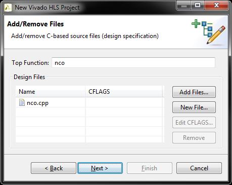 This is where existing C-based source files can be added to the project, or new files created. Enter nco as the Top Function and click Add Files.