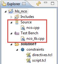 (h) In the Explorer panel, expand the Source and Test Bench headings. You should see the source files that we specified in the New Project Wizard, as in Figure 4.36. (i) Open nco.