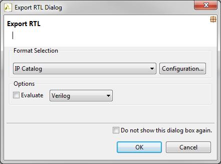 The Export RTL Dialog window will open, as shown in Figure 4.39. Figure 4.39: Vivado HLS Export RTL Dialog Window (s) Select IP Catalog as the Format Selection.