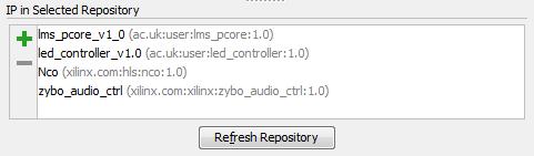 zip xilinx_com_zybo_audio_ctrl_1.0.zip The resulting IP in Selected Repository panel should resemble that shown in Figure 5.6. Figure 5.6: All IP sources added to IP Catalog Click OK.
