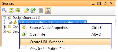 Exercise 1B: Creating a Zynq System in Vivado (n) In the Sources window, right-click on the top-level system design, which in this case is first_zynq_system, and select Create HDL Wrapper, as shown