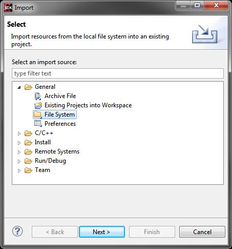 Right-click and select Import..., as shown in Figure 1.29. Figure 1.29: Import Source Files to Project (e) The Import window will open.