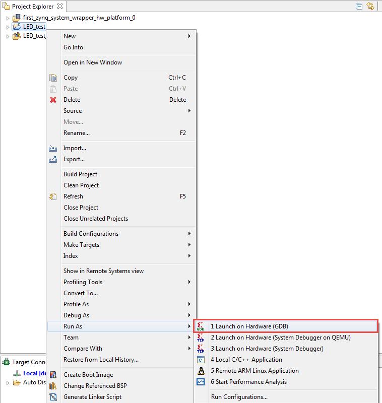 Exercise 1C: Creating a Software Application in the SDK (k) Select the project LED_test in Project Explorer. Right-click and select Run As > Launch on Hardware (GDB) as in Figure 1.
