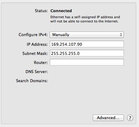 Choose "Manually" from the Configure IPv4 popup menu and enter 169.254.107.90 into the IP Address field. Type 255.255.255.0 into the Subnet Mask Field.