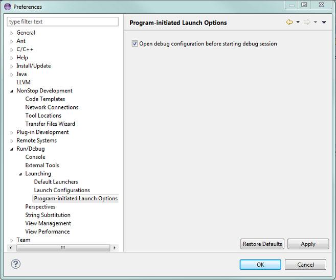 Figure 2: Program-initiated launch options When the Debug Configurations dialog is automatically opened, changes can be made on the Source and Debugger tabs, or the configuration name can be changed