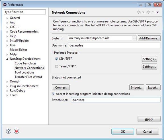 Figure 3: Network connections Optional: Use Network Connections screen to Switch user. For more information, see Switching user. Click Connect to start a server connection to the NonStop system.