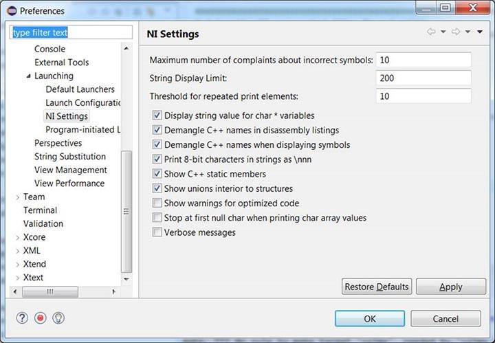 Figure 5: NI Settings 2. Specify the following NI Settings: a. Maximum number of complaints about incorrect symbols b. String Display Limit c. Threshold for repeated print elements d.