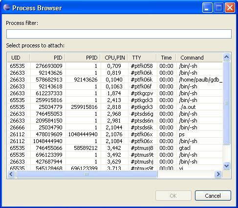Figure 10: Process browser dialog for OSS launch types To select a process, click in the row that contains the process, then click OK.