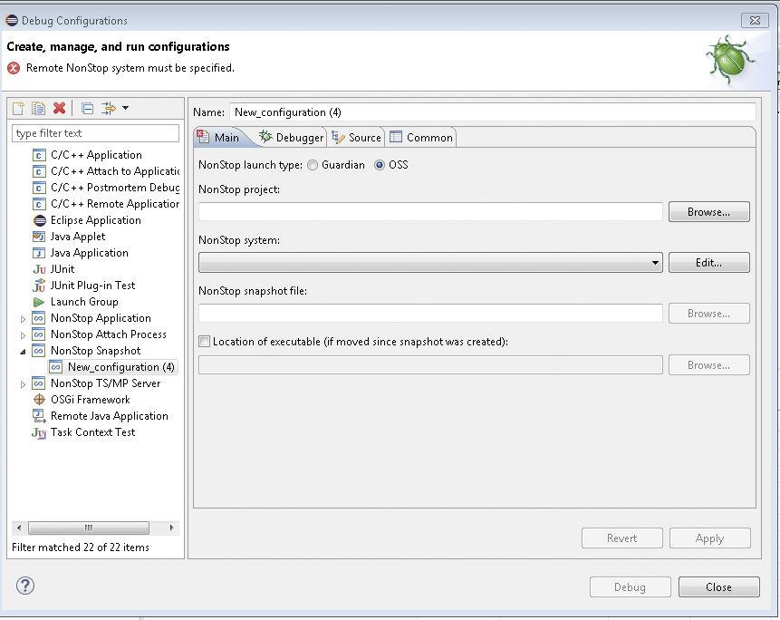 Figure 11: Main tab for NonStop Snapshot debug configurations 5. Optional: If you want to specify options for the debugger, enter the information in the Debugger tab.