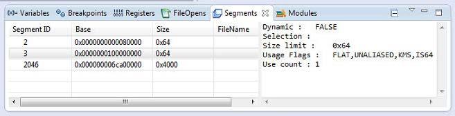Figure 19: Segments view NOTE: The details pane displays only Selection attribute if SPR T1237H01^ABG or earlier versions of the debugger are used.