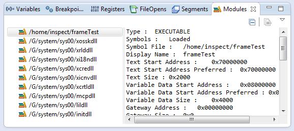 Figure 20: Modules view In Modules view, right-click on the required entry and select one of the following from the context menu: To load the symbol files for all load modules without a loaded symbol
