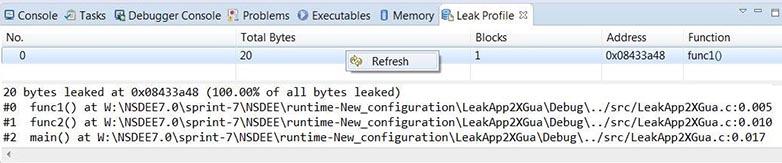 in _start () in $START$ () Viewing leak profile report The Leak profile view displays memory leaks in a debugging application.