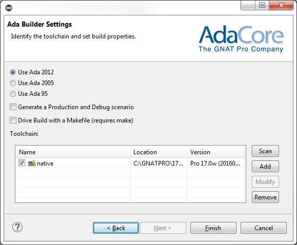 Ada Builder Settings page The next page is dedicated to the builder. The first of these configuration choices concerns whether you want to compile using Ada 2012, Ada 2005 or Ada 95.