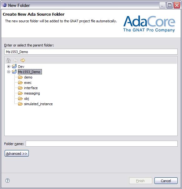 4.4.2 New Ada Source Folder Wizard Like the standard new-folder wizard, this Ada wizard lets user create nested folders, but in addition the wizard automatically adds the new folder to the