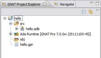 Press Finish. The new project will be created and you will see it in the GNAT Project Explorer, as in the following image. Note that we have expanded the src directory to show the source file within.