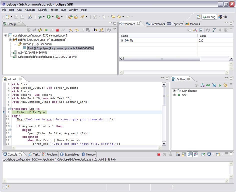 The upper left pane contains the debugger controls and stacks view. At the upper right are the variables and breakpoints views, among others.