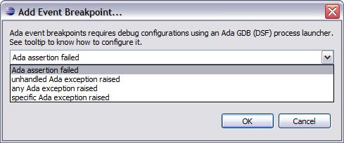 Selecting the entry for Ada exception events brings up the dialog box in which you can select the specific event intended.