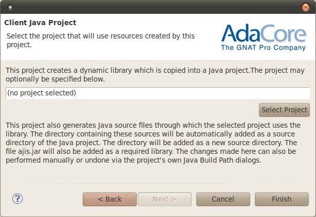 Next select the existing client Java project that will use the Ada dynamic library created by this new Ada project.