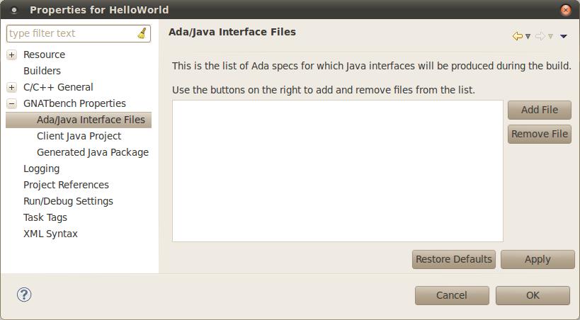 Selecting Interface Files The user must select which Ada specification files will be used by the Java application in the client Java project.