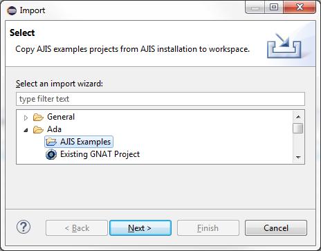 12.2.2 Import AJIS examples for GNATbench projects into workspace First, run File > Import... menu. Select Ada/AJIS Examples import wizard.
