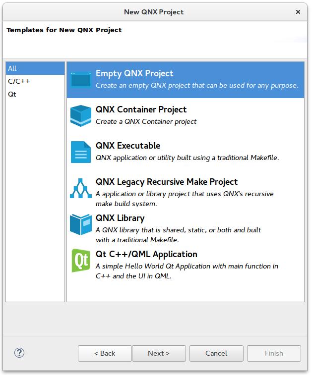 Press Next. This brings up the last wizard page. As shown below, we have provided a name for the empty QNX project we will create.