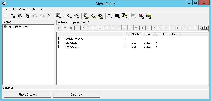 The Menu Editor screen below is displayed, with default directory entries in the right pane.