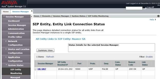 The SIP Entity, Entity Link Connection Status screen is displayed.