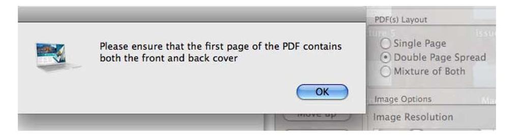 If you choose double page spreads, the first PDF page