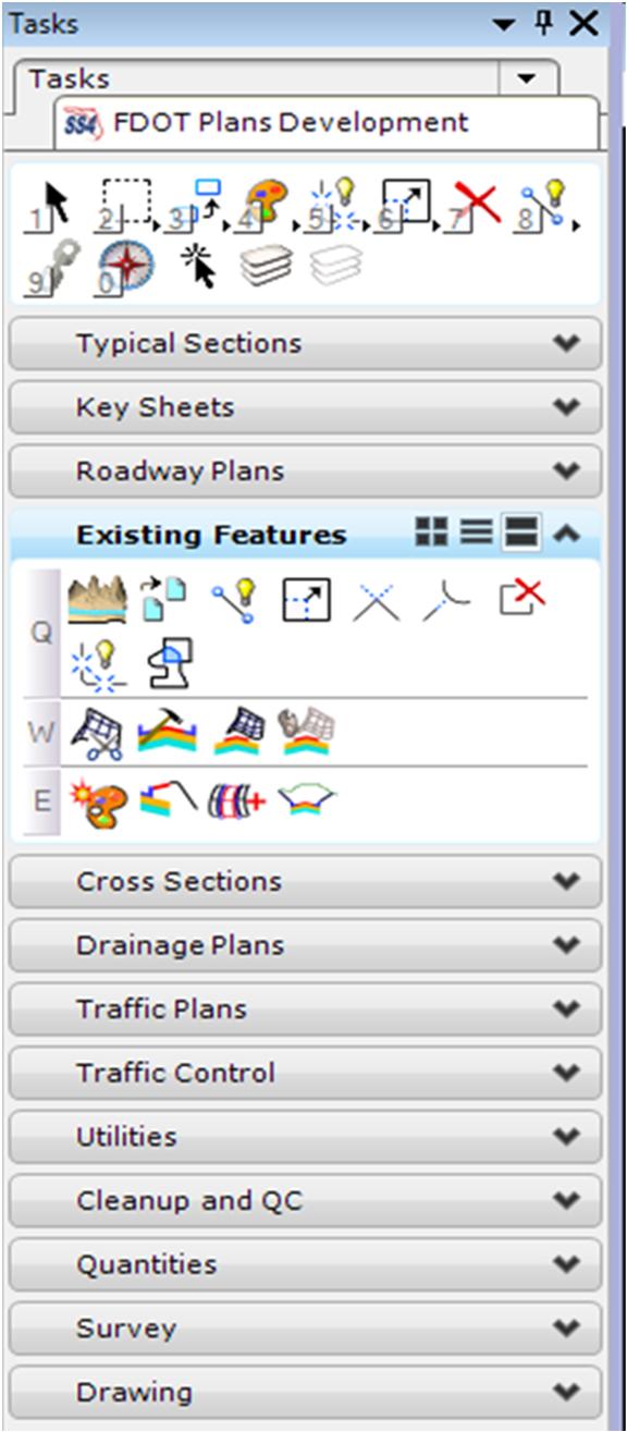 Existing Features Task Menu The Existing Features task menu contains tools frequently used during the creation of Existing Features models.