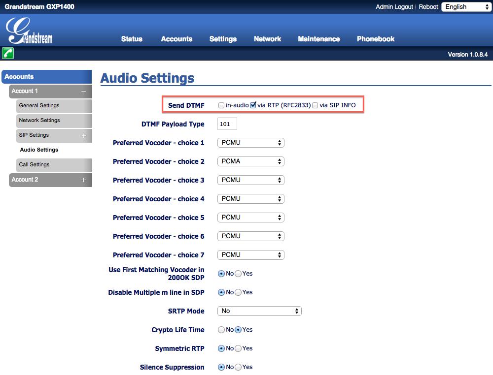 6. Hover cursor over [Accounts]. Select [Account 1] and click [Audio Settings]. Send DTMF: Check [via RTP].